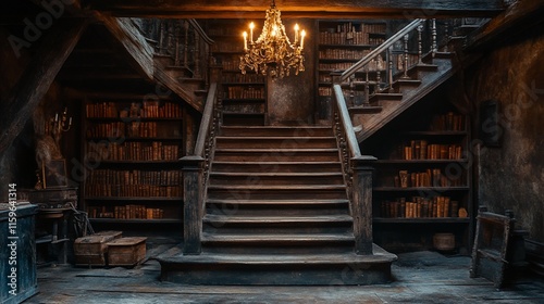 Ancient Wooden Staircase Leads to a Library of Old Books