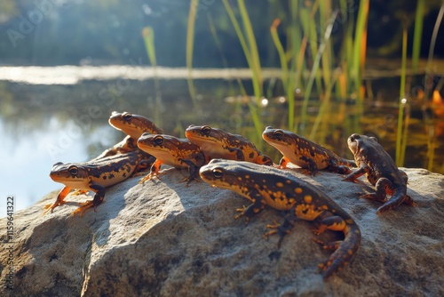 Newts basking on sunny rock by tranquil pond