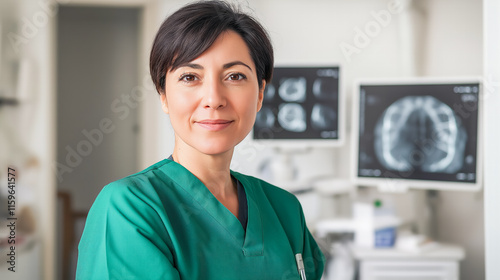 Middle-aged female radiologist in green scrubs standing in front of medical monitors displaying brain scans in a radiology clinic. Copy space
