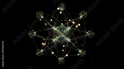 The atom hologram. Physics of polygons, triangles, points, and lines. Atom is a low-poly compound structure. The technology concept.