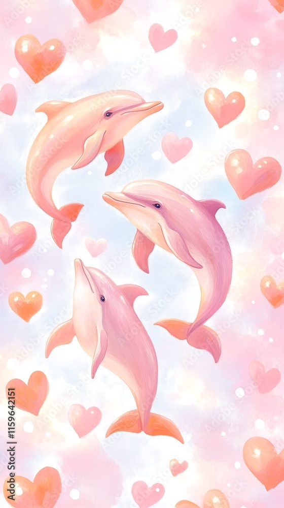 Obraz premium Pink dolphins and hearts with dreamy pastel background