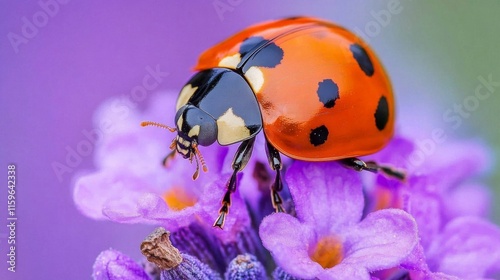 Ladybug perched on purple flower blossoms photo