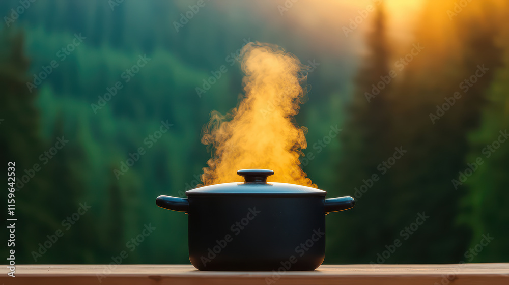 close up of boiling pot releasing steam in serene outdoor setting, surrounded by lush greenery and warm sunlight close up of boiling pot releasing steam in serene outdoor setting, surrounded by lush greenery and warm sunlight