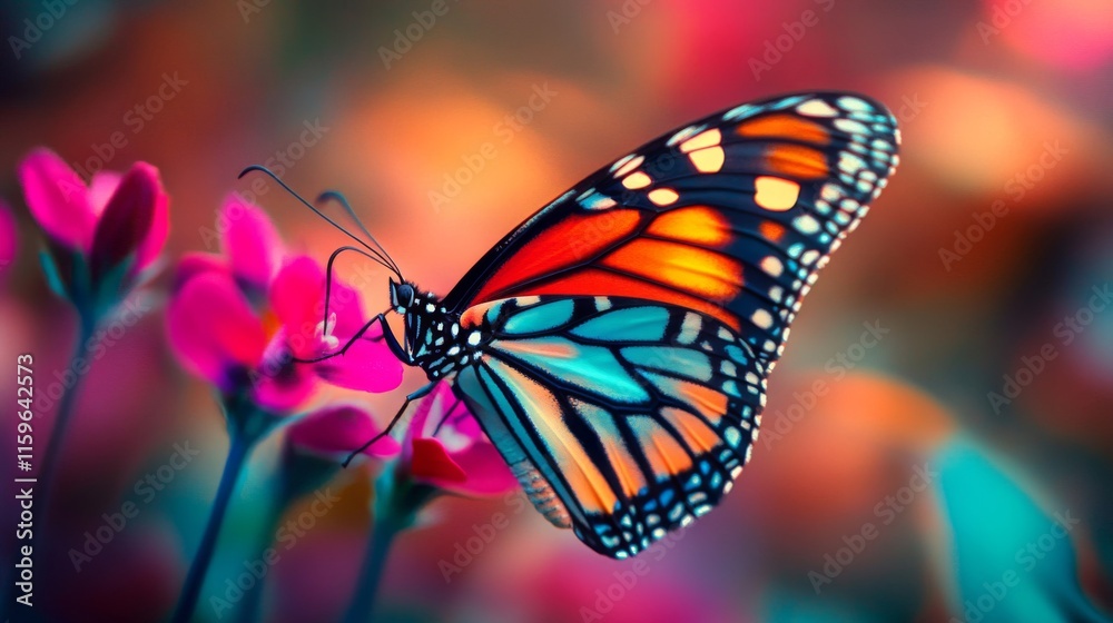 Fototapeta premium Vibrant Butterfly Feeding on Pink Flowers In Garden