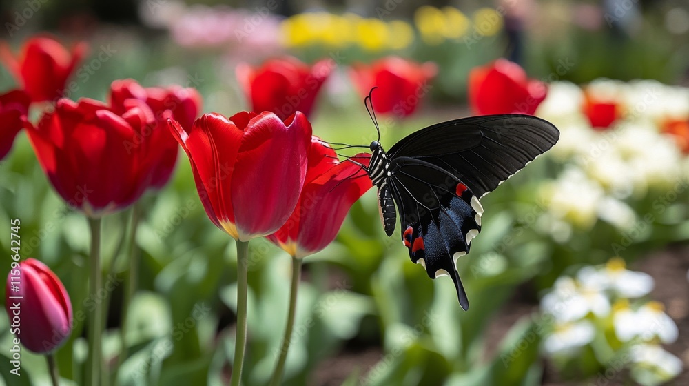 Fototapeta premium Black Butterfly on Red Tulips in a Garden