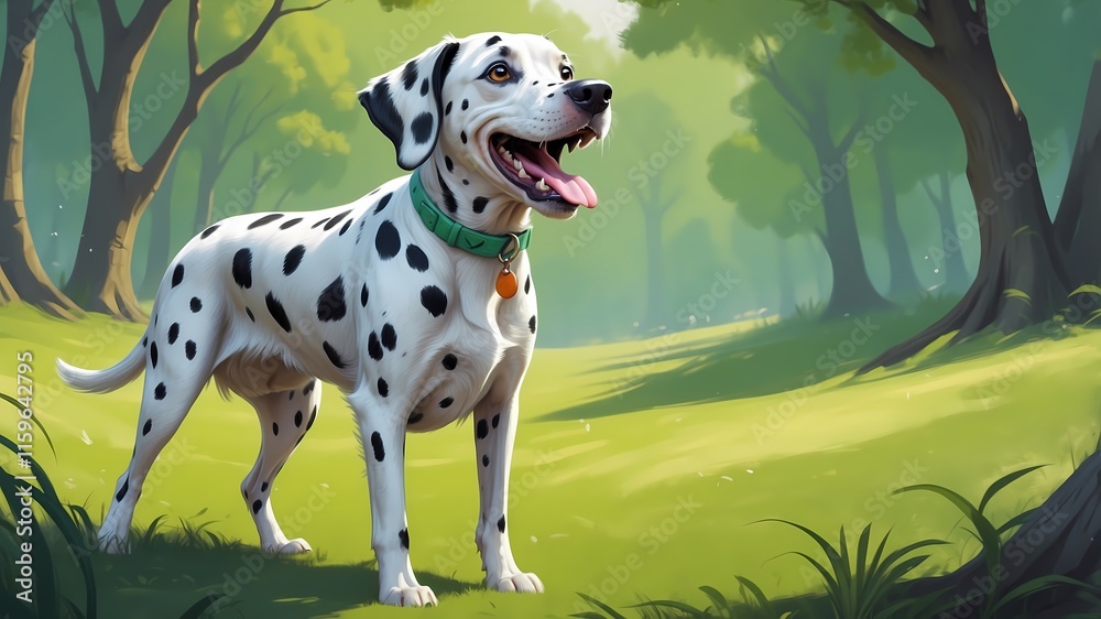 Playful Dalmatian Standing in Sun-Dappled Forest Clearing
Playful Dalmatian Standing in Sun-Dappled Forest Clearing