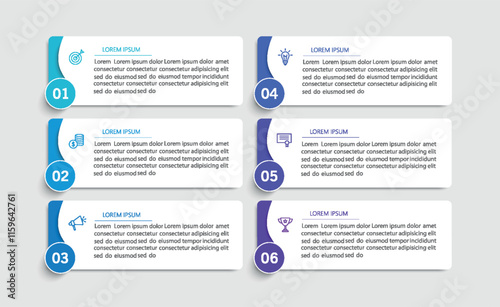 Business vector infographic design template with icons and 6 options or steps. Can be used for process diagram, presentations, workflow layout, flow chart, info graph