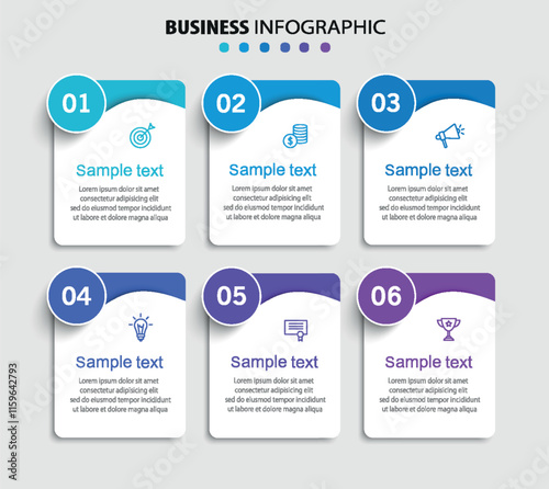 Business vector infographic design template with icons and 6 options or steps. Can be used for process diagram, presentations, workflow layout, flow chart, info graph