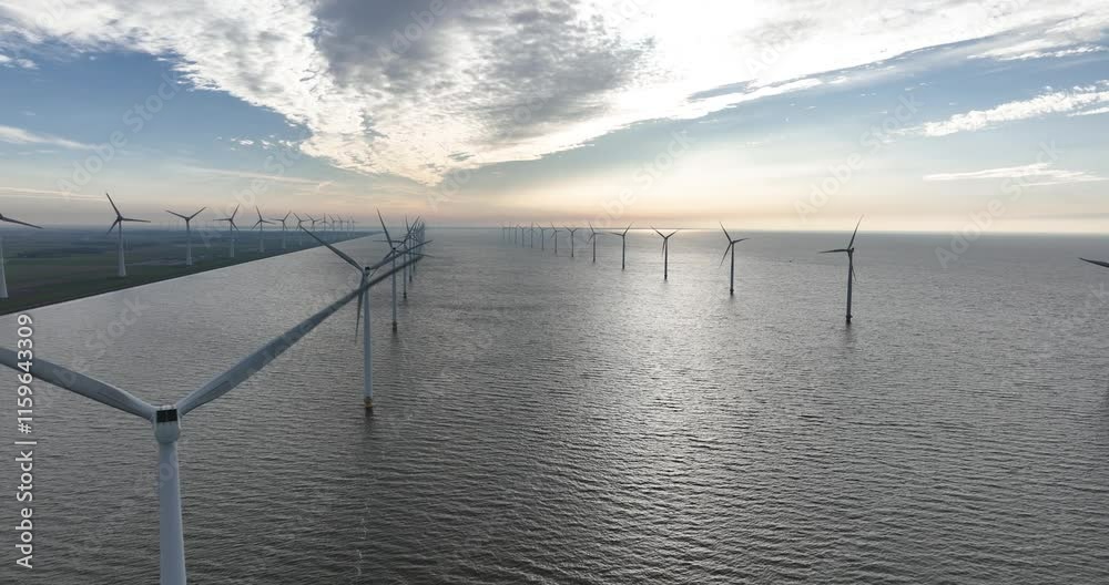 Drone shot of offshore wind turbines working with seascape and cloudy sky Drone shot of offshore wind turbines working with seascape and cloudy sky