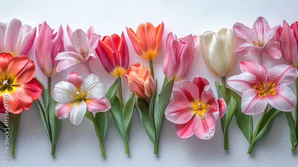 Fototapeta premium A Row Of Colorful Tulips And Lilies Arranged Together