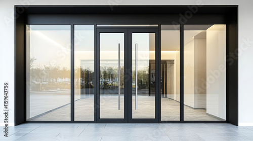 Modern black aluminium glass door isolated on white background, Shopfront entrance open window frame for interior store design
