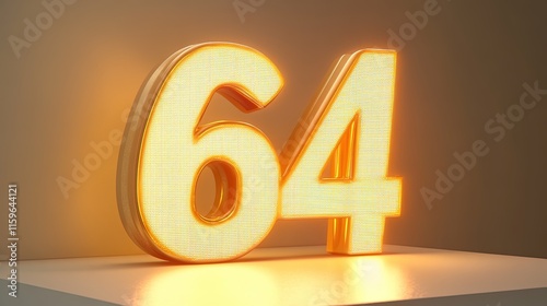 Glowing number 64 on a white surface. photo