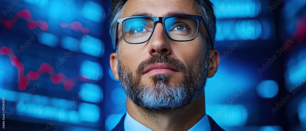 Focused businessman in glasses against backdrop of financial data Focused businessman in glasses against backdrop of financial data