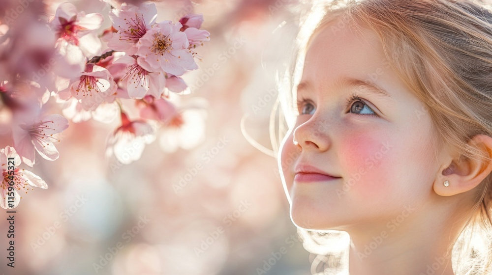 Young Girl Gazing at Blossoming Cherry Tree Flowers Young Girl Gazing at Blossoming Cherry Tree Flowers