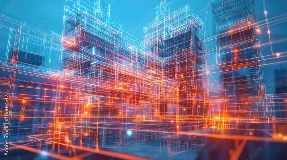 Obraz premium Abstract cityscape with glowing lines and digital connections, representing urban infrastructure and technological innovation.