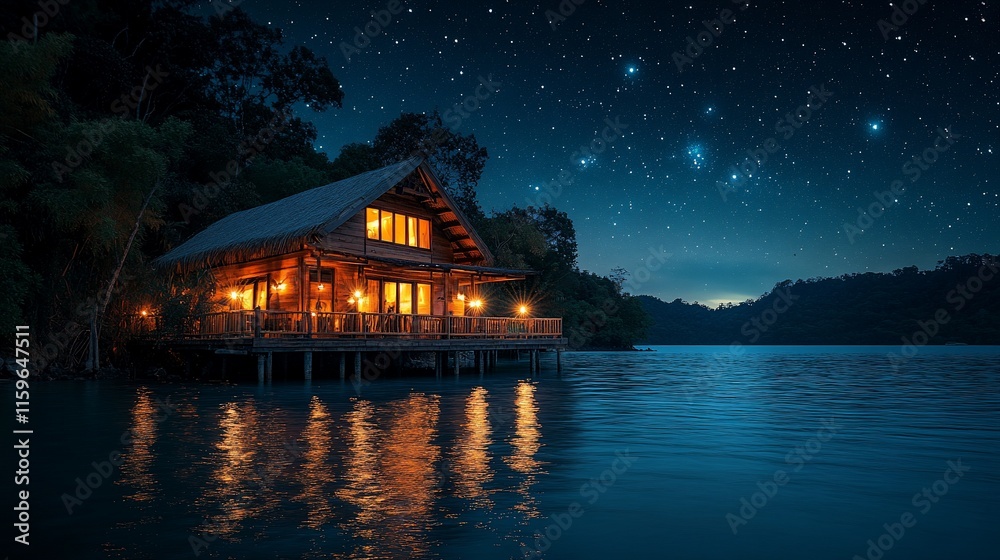 Illuminated Lakeside Cabin Under Starlit Night Sky Illuminated Lakeside Cabin Under Starlit Night Sky