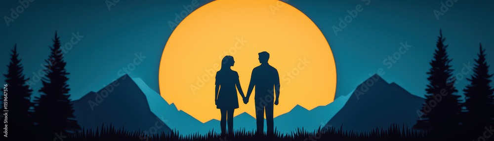romantic silhouette of couple holding hands against vibrant sunset, surrounded by mountains and trees, evokes sense of love and tranquility