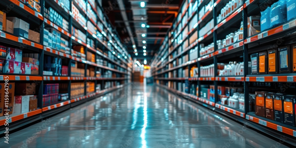 Aisle in a modern, brightly lit supermarket or warehouse setting, showcasing organized shelves stocked with a variety of packaged products, reflected on a polished floor Aisle in a modern, brightly lit supermarket or warehouse setting, showcasing organized shelves stocked with a variety of packaged products, reflected on a polished floor