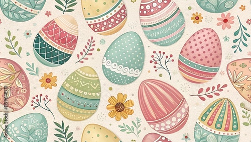 seamless pattern background with watercolor easter eggs, bunnies and flowers