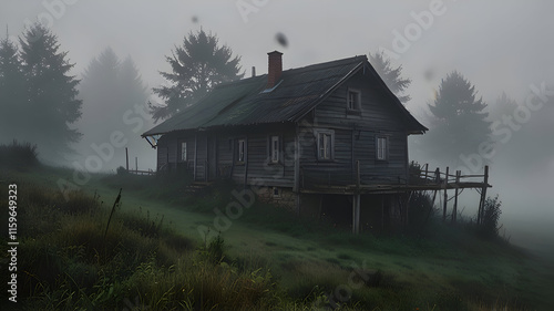 landscape with a house on the fog photo