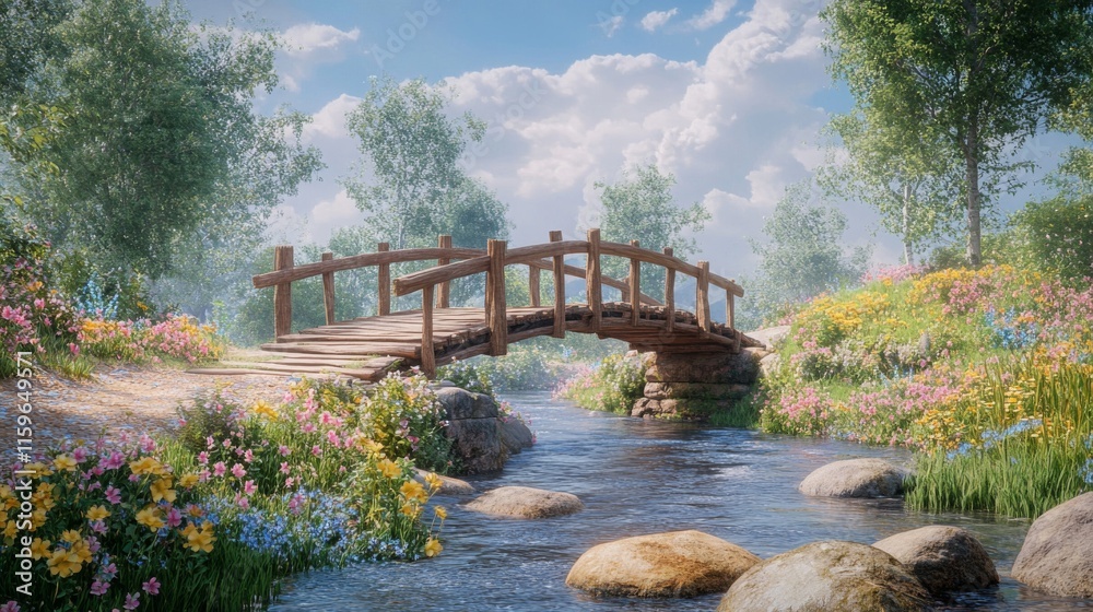 Wooden Bridge Spanning a Flower Filled Stream in a Sunny Meadow Wooden Bridge Spanning a Flower Filled Stream in a Sunny Meadow