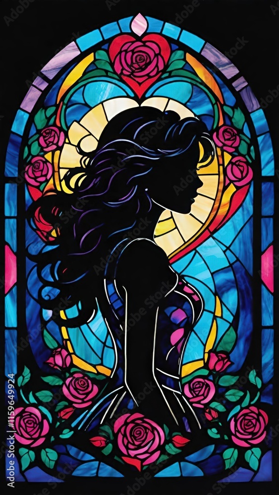 ステンドグラス風のイラストで、優雅な女性の姿が描かれています。バラや繊細な花模様に囲まれ、鮮やかな色彩と暗いシルエットの対比が芸術的で洗練された印象を与えます。教会のステンドグラスを思わせる美しさと神秘的な雰囲気が漂います。装飾デザインやデジタルアートに最適です。
ステンドグラス風のイラストで、優雅な女性の姿が描かれています。バラや繊細な花模様に囲まれ、鮮やかな色彩と暗いシルエットの対比が芸術的で洗練された印象を与えます。教会のステンドグラスを思わせる美しさと神秘的な雰囲気が漂います。装飾デザインやデジタルアートに最適です。