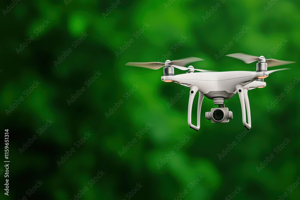 close up of drone flying against vibrant green background, showcasing its design and technology
