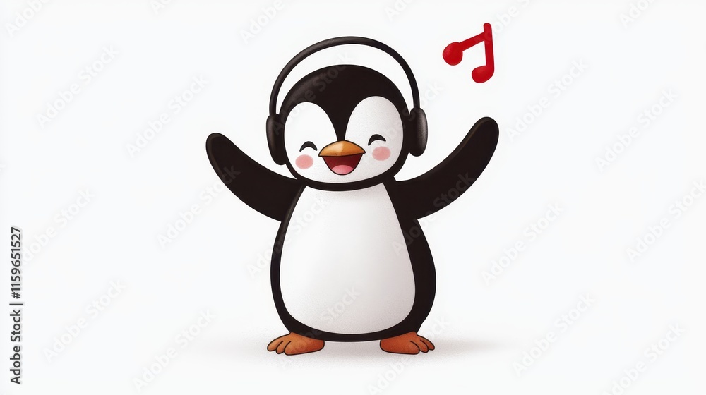 Fototapeta premium Cute Cartoon Penguin Character Wearing Headphones with Musical Notes, Representing Joy and Fun in a Vivid, Playful Illustration Perfect for Children’s Themes