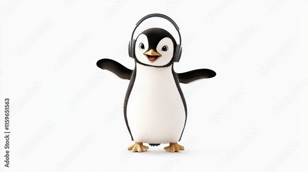Obraz premium Cute cartoon penguin wearing headphones, happily dancing with arms outstretched in a vibrant and playful manner, perfect for children's content and music themes.