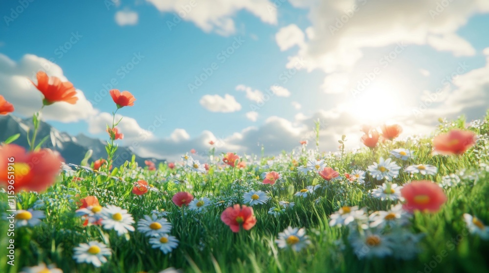 Obraz premium Sunny Meadow Wildflowers Blooming Under Blue Sky