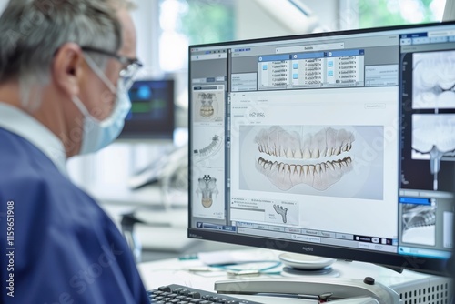 Dental professional at work using advanced computer software to analyze and design dental prosthetics in a modern laboratory setting