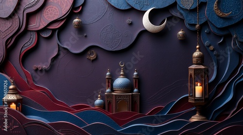 Serene Mosque Nightscape: Intricate Papercut Art photo