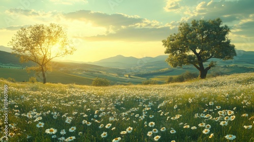 Wallpaper Mural Golden Sunset Over Rolling Hills And Daisies Torontodigital.ca