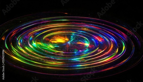 黒い水面に広がるカラフルで光り輝く波紋。虹のような屈折効果が特徴です。デジタル背景、アートプロジェクト、表紙デザイン、未来的で抽象的なデザインに最適です。

