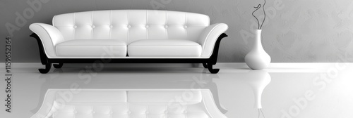 Luxurious White Sofa in a Minimalist Modern Living Room with Elegant Curved Vase and Reflections on Glossy Floor in a Stylish Interior Design