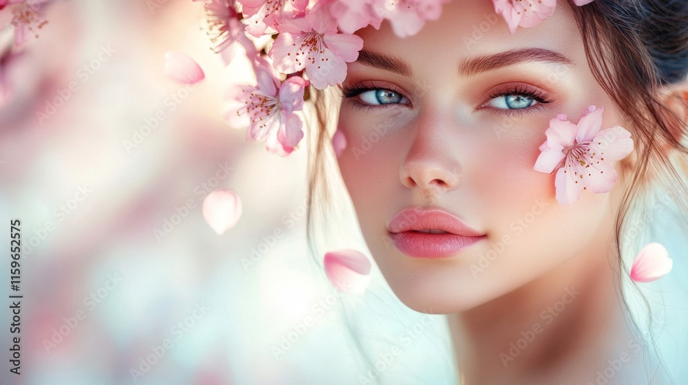 Fototapeta premium Beautiful Woman Adorned With Delicate Spring Blossoms