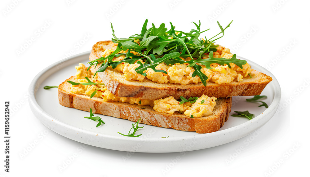 Fototapeta premium Scrambled Eggs Sandwiches on white plate isolated on white background, healthy keto breakfast. Whole grain toasts with scramble eggs and organic arugula microgreens, design element