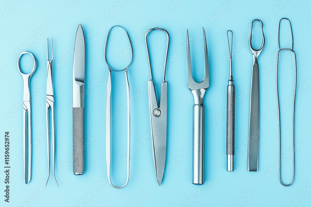 A variety of surgical instruments are organized on a blue background. AI generated image A variety of surgical instruments are organized on a blue background. AI generated image