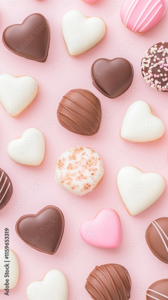 Obraz premium Assorted heart shaped chocolates on pink background