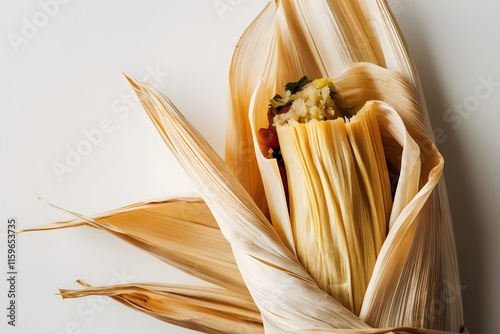 Authentic Mexican Tamale Wrapped in Corn Husks on White Background