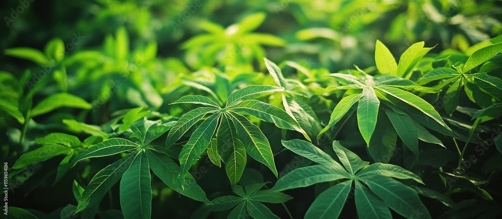 Obraz premium Lush green cassava leaves thrive in sunlight.
