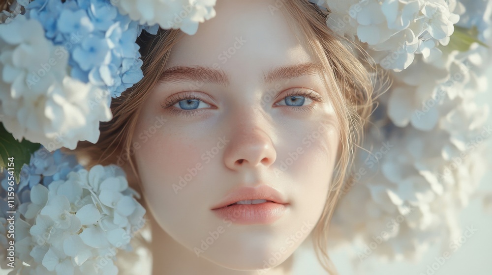 Young Woman Adorned With Delicate Blue Hydrangeas Young Woman Adorned With Delicate Blue Hydrangeas