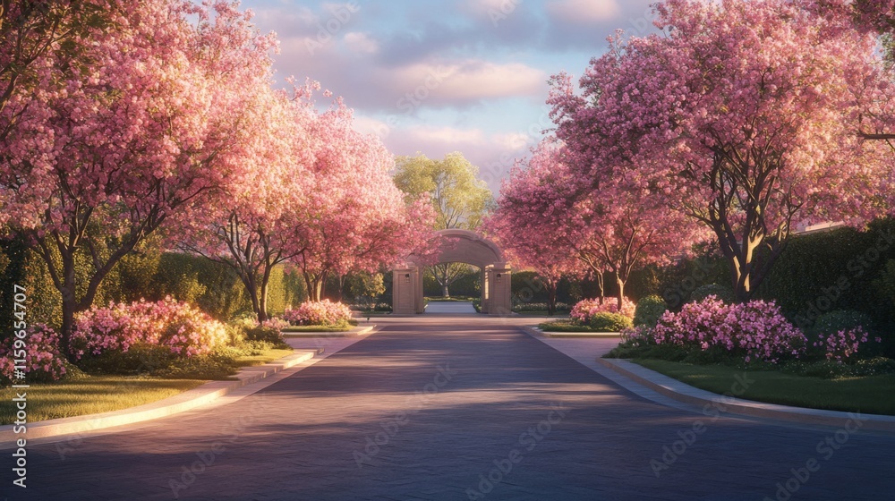 Fototapeta premium Scenic Driveway Entrance Pink Blossoms Spring