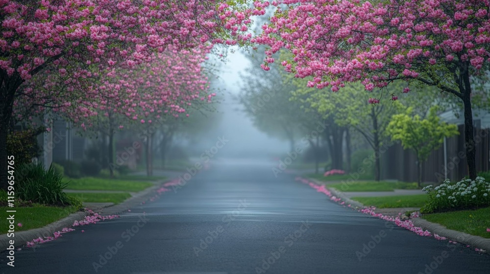 Naklejka premium Misty Morning Street Lined With Pink Blossoms