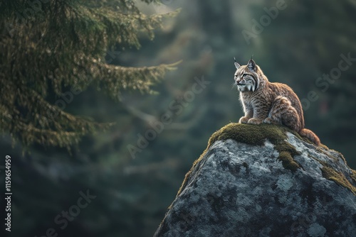 Intense bobcat on boulder in natural setting with depth