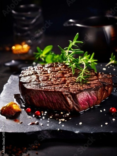 Juicy grilled steak beautifully sliced, garnished with fresh herbs and vibrant cherry tomatoes. Rich sauces enhance flavors, perfect for gourmet dining or culinary presentations.