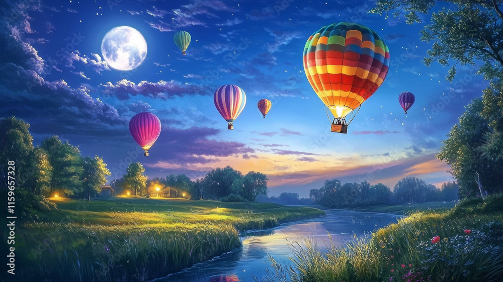 Obraz premium Summer landscape with flying hot air balloons, fields, trees and river at night. Vector cartoon illustration of countryside with moon in sky and colorful airships with baskets fly over meadows