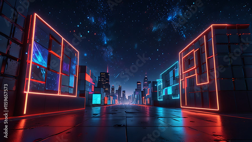 3d render, abstract red blue neon background. Glowing linear volumetric cube in the middle of the city street, under the starry night sky. Digital futuristic wallpaper