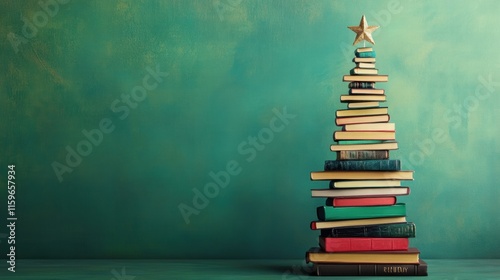 Creative holiday decor with a book Christmas tree on a green background ideal for festive celebrations. Generative AI photo