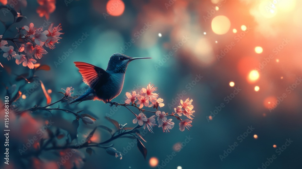 Fototapeta premium Hummingbird Perched on Blossom Branch at Sunset